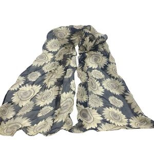 Navy & Cream Sunflowers Sheer 58” Lightweight Floral Rectangular Scarf